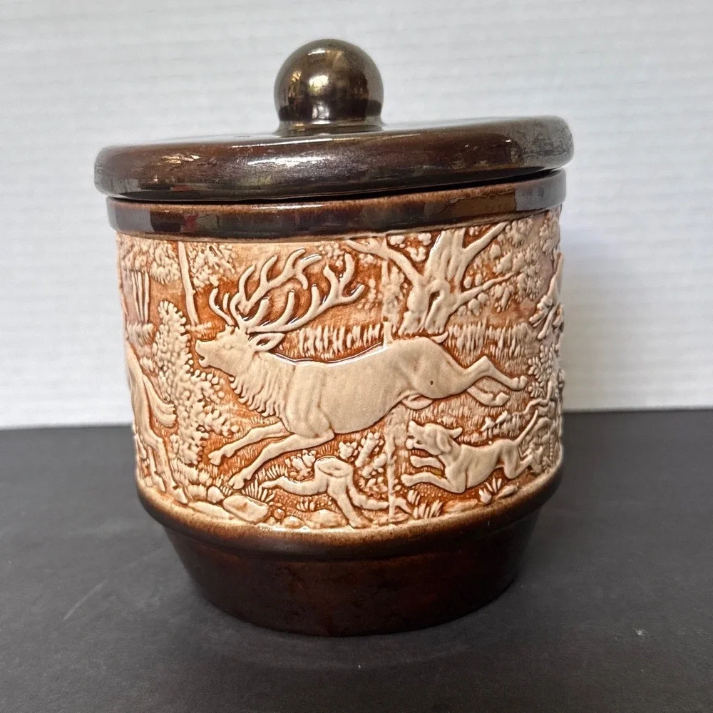 Vintage Fox Hunt Relief Ceramic Canister Tobacco Jar Brown Equestrian Decor
